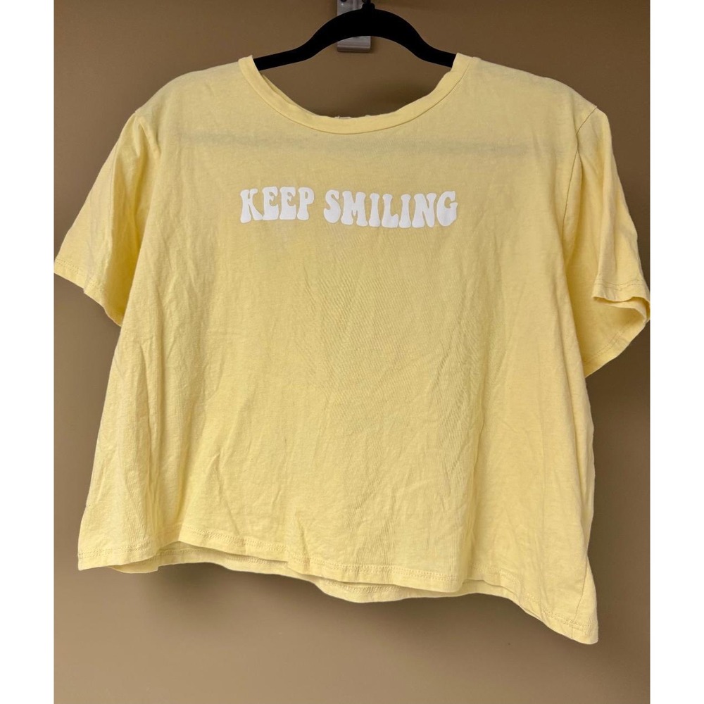 Yellow Graphic Tee Keep Smiling Smiley Face Short Sleeve Top‎